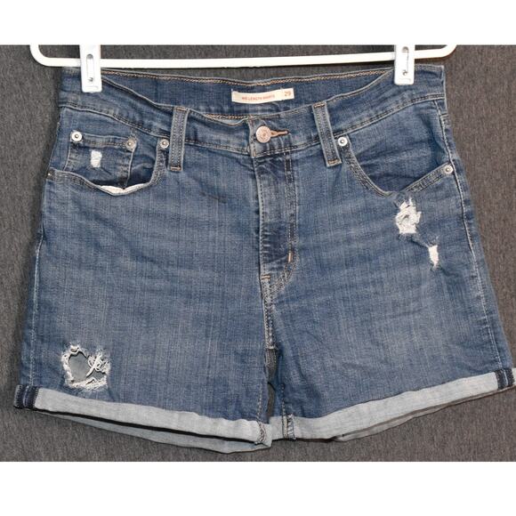 Levi's Women's 29 Mid Length Shorts Denim Distressed Torn Jorts Jean - Picture 1 of 8